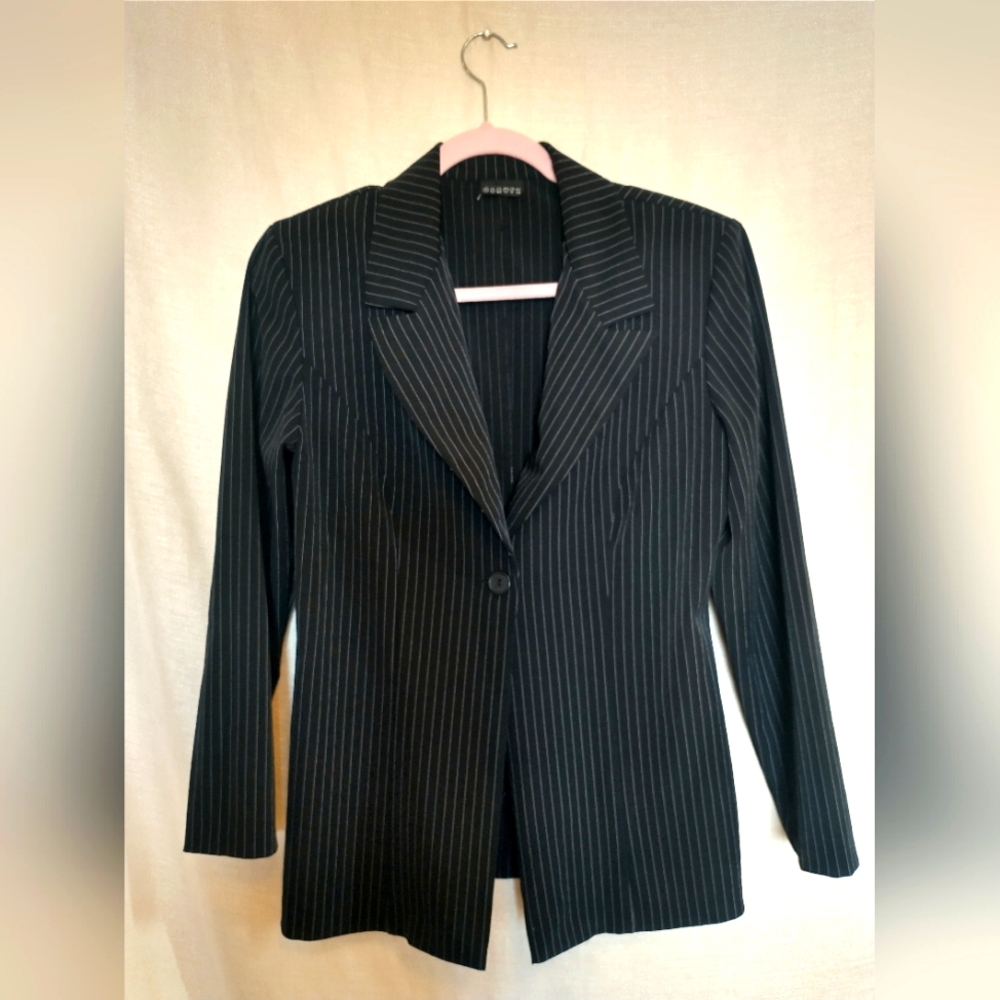 Donutz Vintage 90's Style Black Pinstripe Blazer Jacket Single Front Button Long